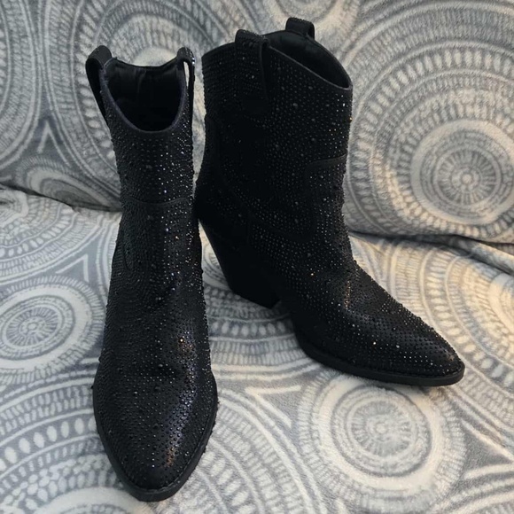 Rhinestone Cowboy Bling Bling Sparkly Pointed Toe Western Bootie Black sz 9 - Picture 6 of 10